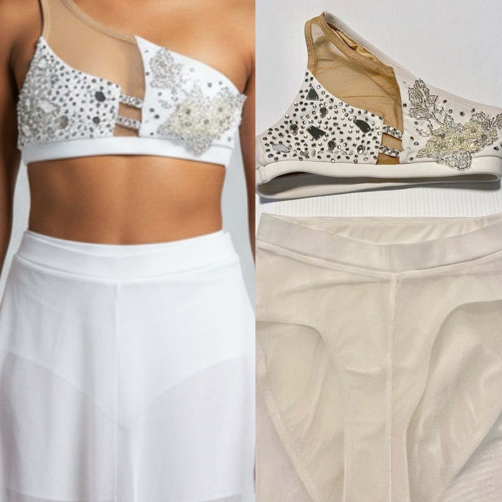 AA dance costume 2 piece set white custom rhinestone top pants XSA adult LC
